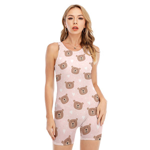 Cute Brown Bear Pattern Print Sleeveless One Piece Swimsuit