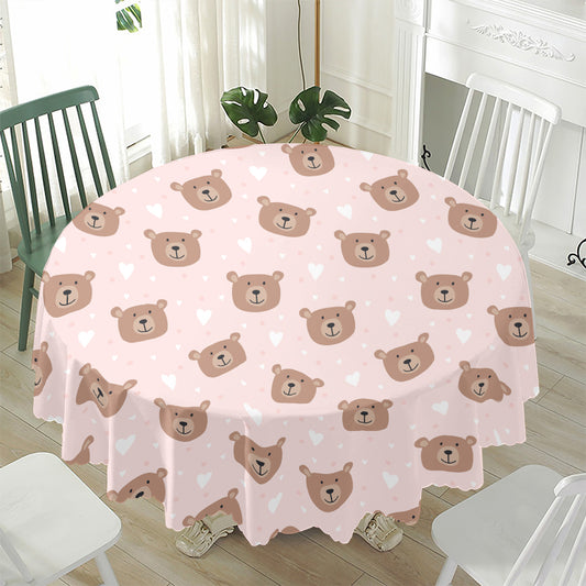 Cute Brown Bear Pattern Print Waterproof Round Tablecloth