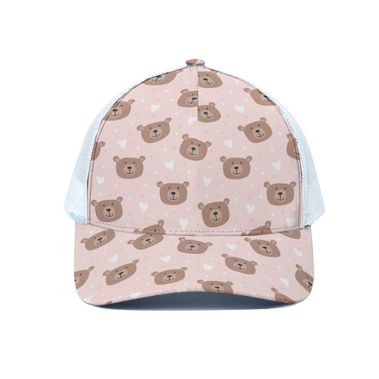 Cute Brown Bear Pattern Print White Mesh Trucker Cap