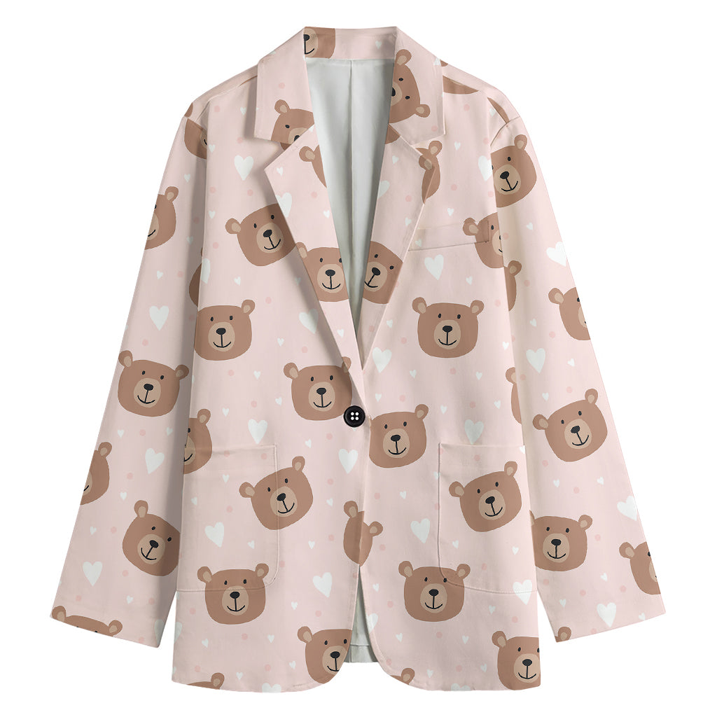 Cute Brown Bear Pattern Print Women's Cotton Blazer