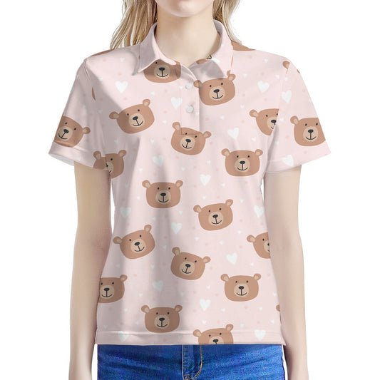 Cute Brown Bear Pattern Print Women's Polo Shirt
