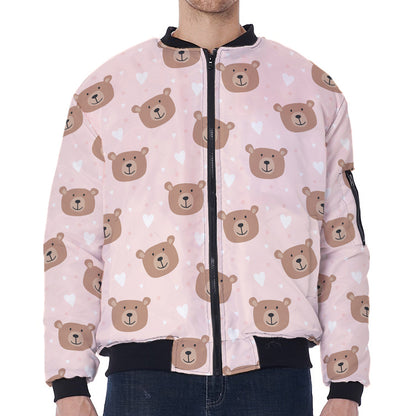 Cute Brown Bear Pattern Print Zip Sleeve Bomber Jacket
