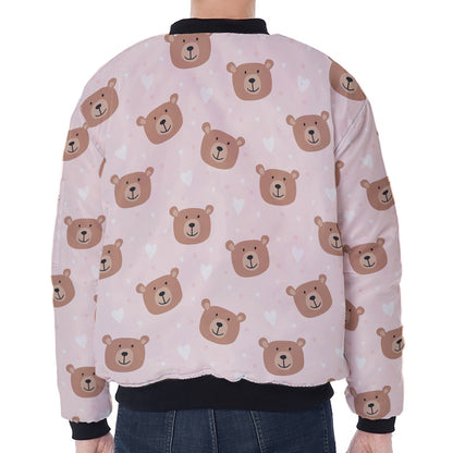 Cute Brown Bear Pattern Print Zip Sleeve Bomber Jacket