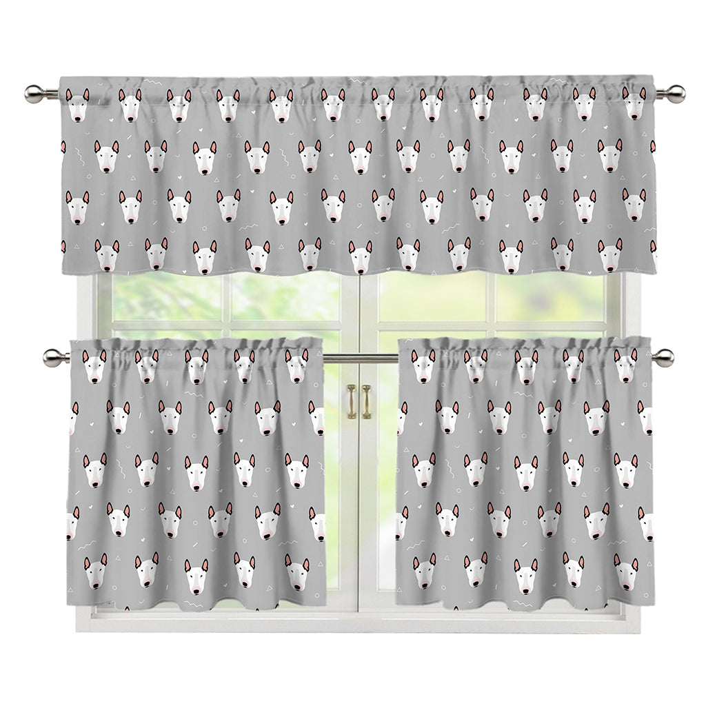 Cute Bull Terrier Faces Pattern Print 3 Piece Kitchen Curtains