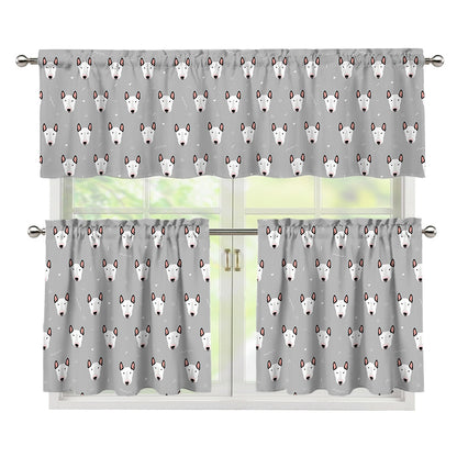 Cute Bull Terrier Faces Pattern Print 3 Piece Kitchen Curtains