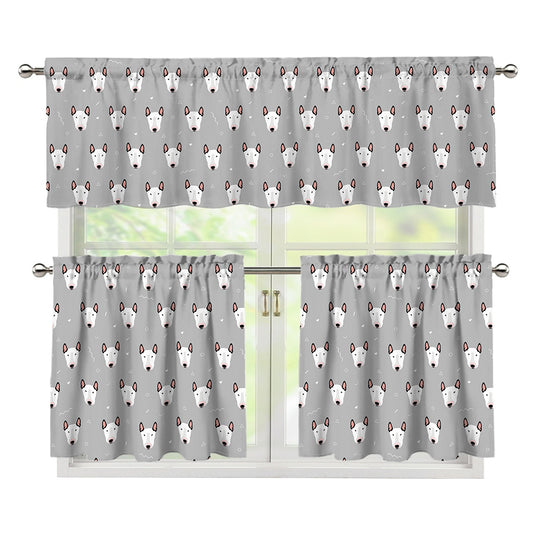 Cute Bull Terrier Faces Pattern Print 3 Piece Kitchen Curtains