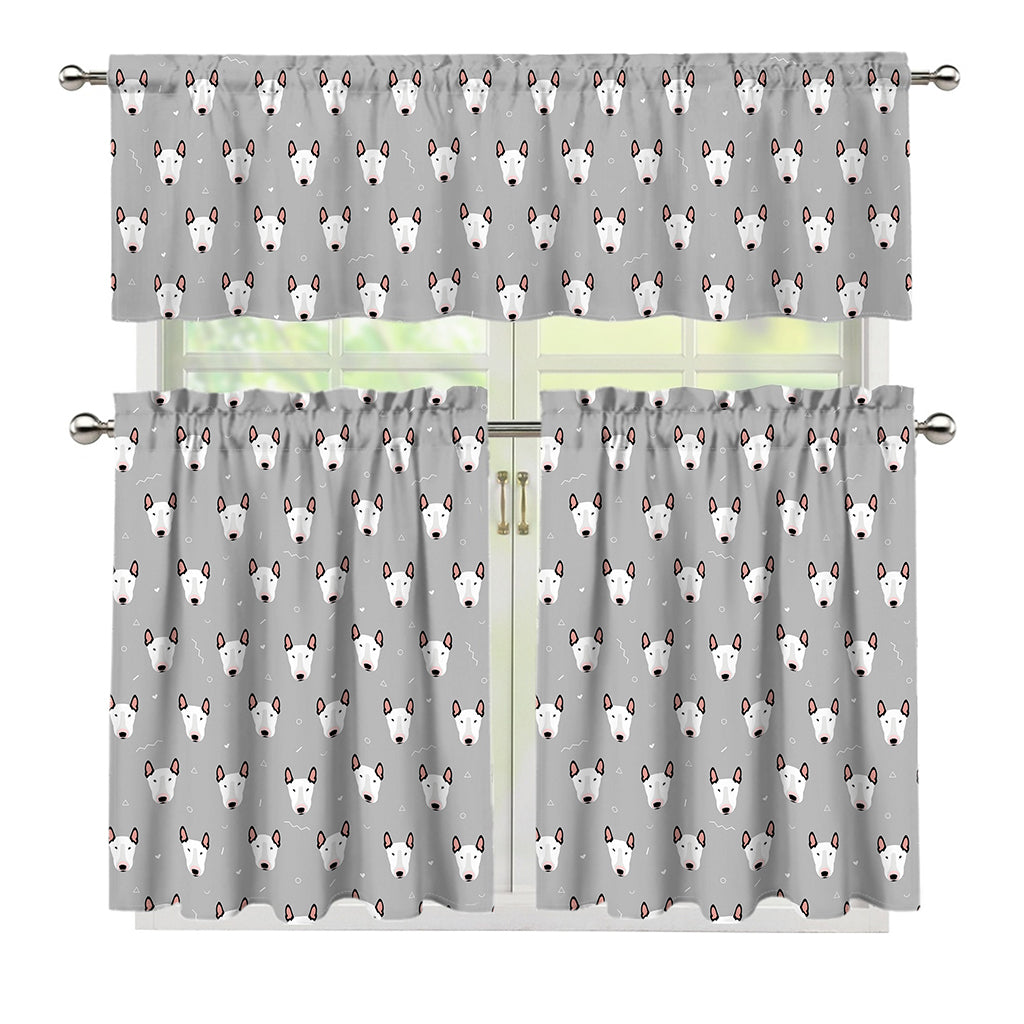 Cute Bull Terrier Faces Pattern Print 3 Piece Kitchen Curtains