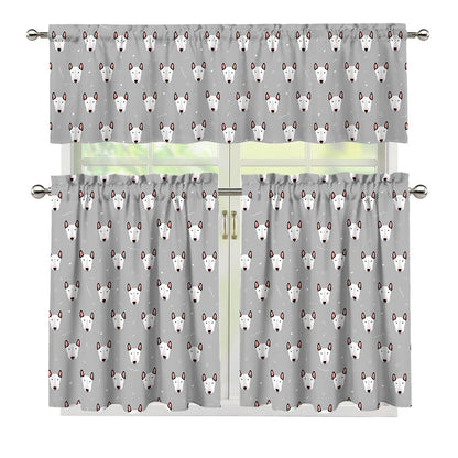 Cute Bull Terrier Faces Pattern Print 3 Piece Kitchen Curtains