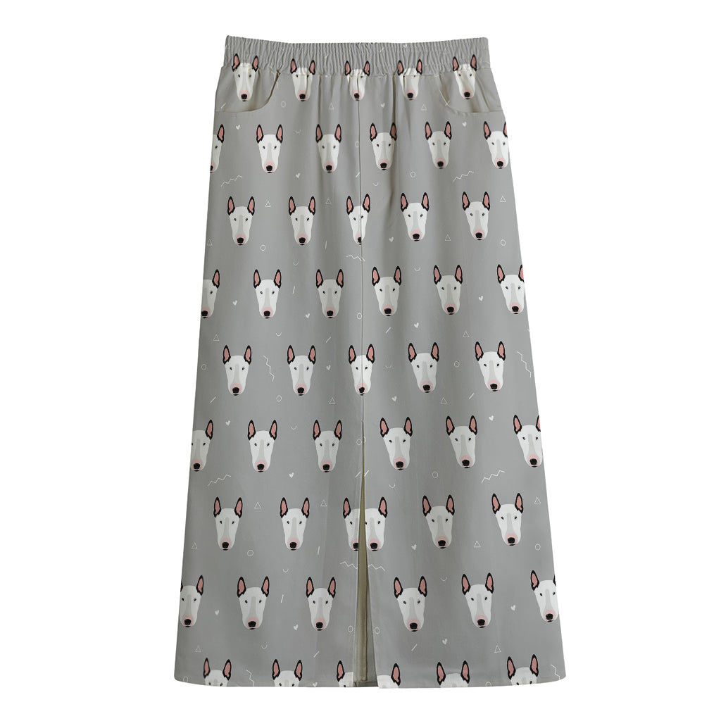 Cute Bull Terrier Faces Pattern Print Cotton Front Slit Maxi Skirt