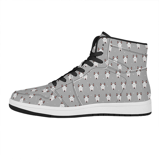 Cute Bull Terrier Faces Pattern Print High Top Leather Sneakers