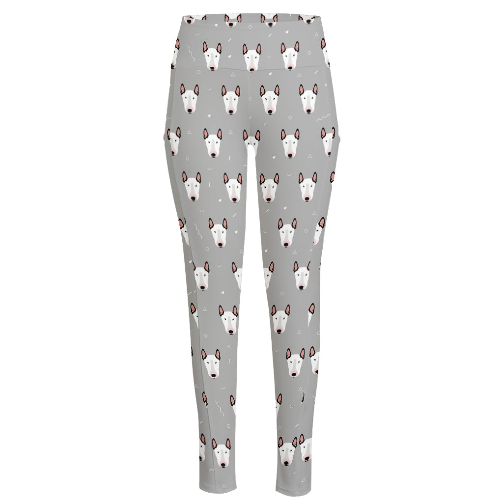 Cute Bull Terrier Faces Pattern Print High-Waisted Pocket Leggings