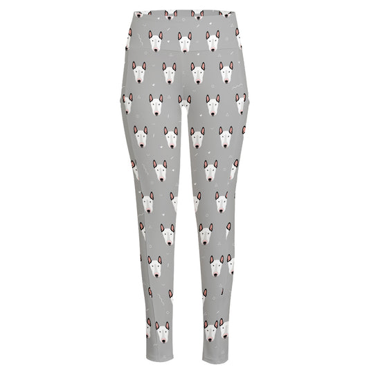 Cute Bull Terrier Faces Pattern Print High-Waisted Pocket Leggings
