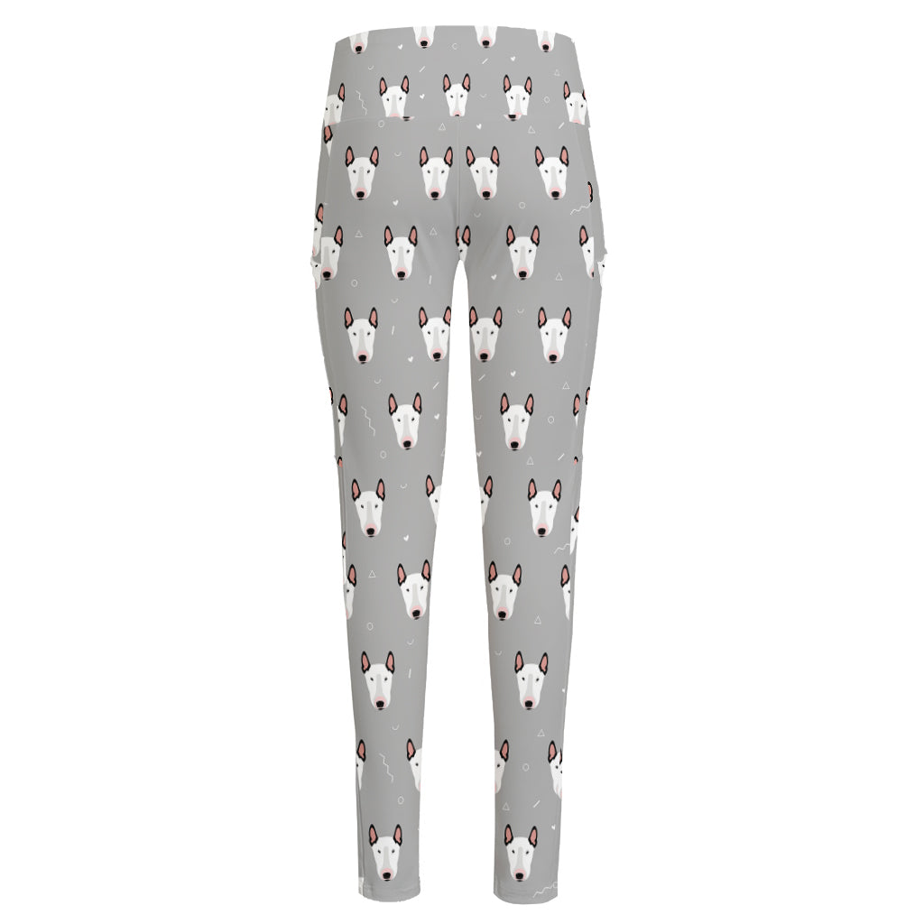 Cute Bull Terrier Faces Pattern Print High-Waisted Pocket Leggings