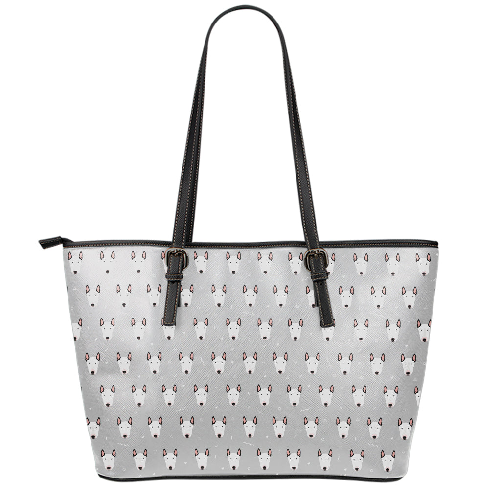 Cute Bull Terrier Faces Pattern Print Leather Tote Bag