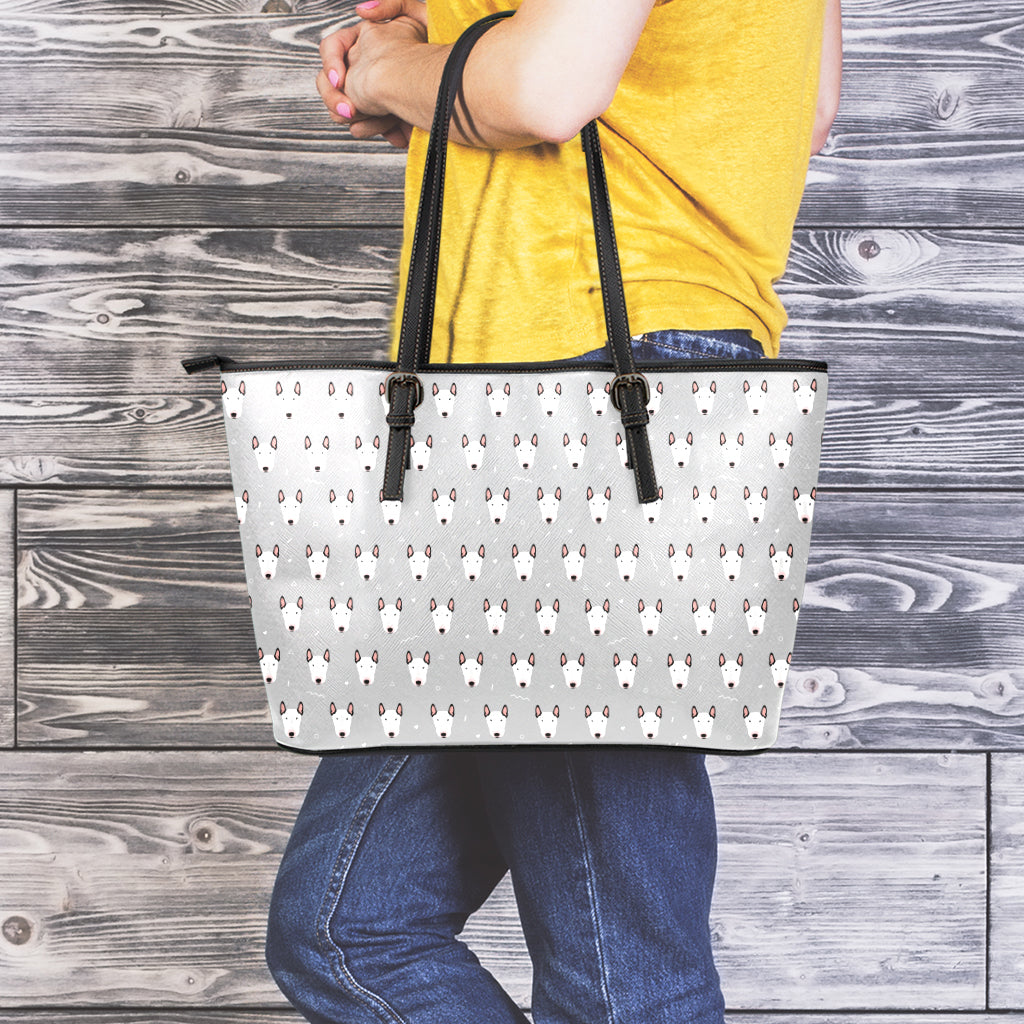 Cute Bull Terrier Faces Pattern Print Leather Tote Bag