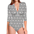 Cute Bull Terrier Faces Pattern Print Long Sleeve Swimsuit