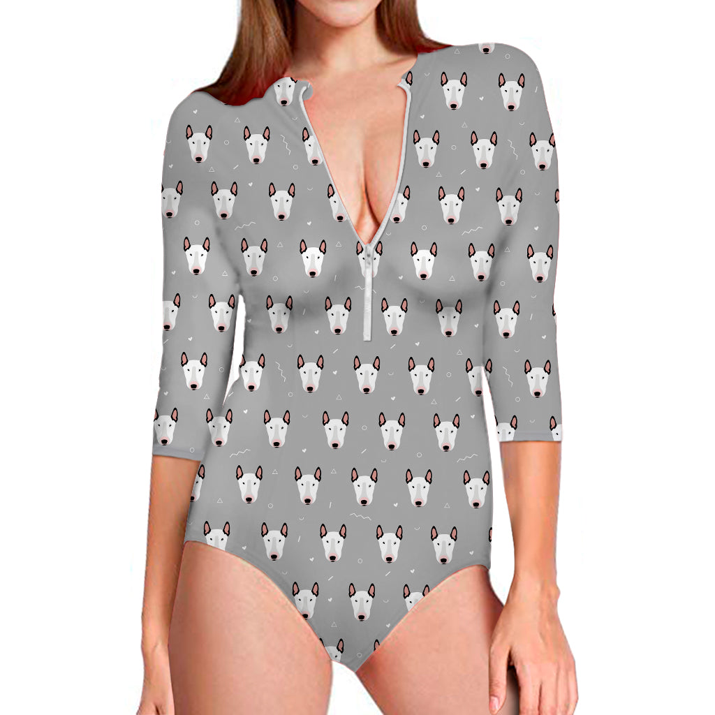 Cute Bull Terrier Faces Pattern Print Long Sleeve Swimsuit
