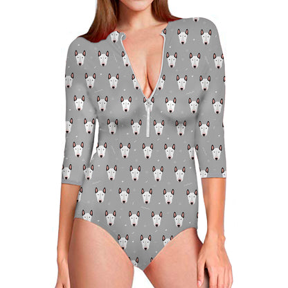 Cute Bull Terrier Faces Pattern Print Long Sleeve Swimsuit