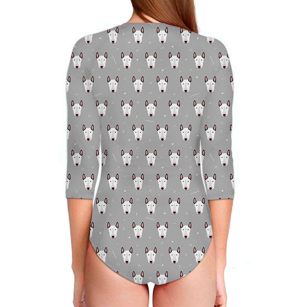 Cute Bull Terrier Faces Pattern Print Long Sleeve Swimsuit
