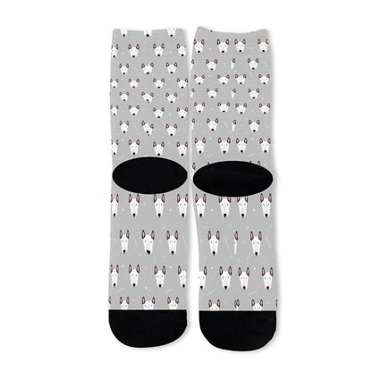 Cute Bull Terrier Faces Pattern Print Long Socks