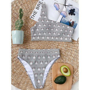 Cute Bull Terrier Faces Pattern Print One Shoulder Bikini Top