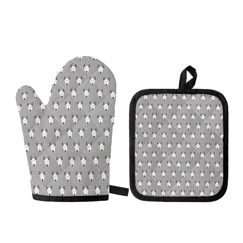 Cute Bull Terrier Faces Pattern Print Oven Mitt And Pot Holder Set