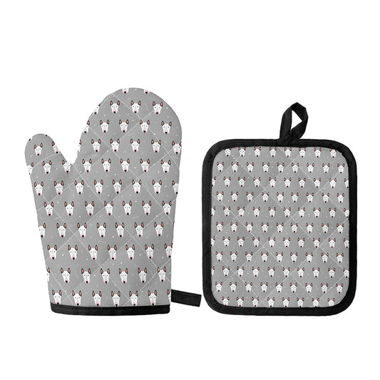 Cute Bull Terrier Faces Pattern Print Oven Mitt And Pot Holder Set
