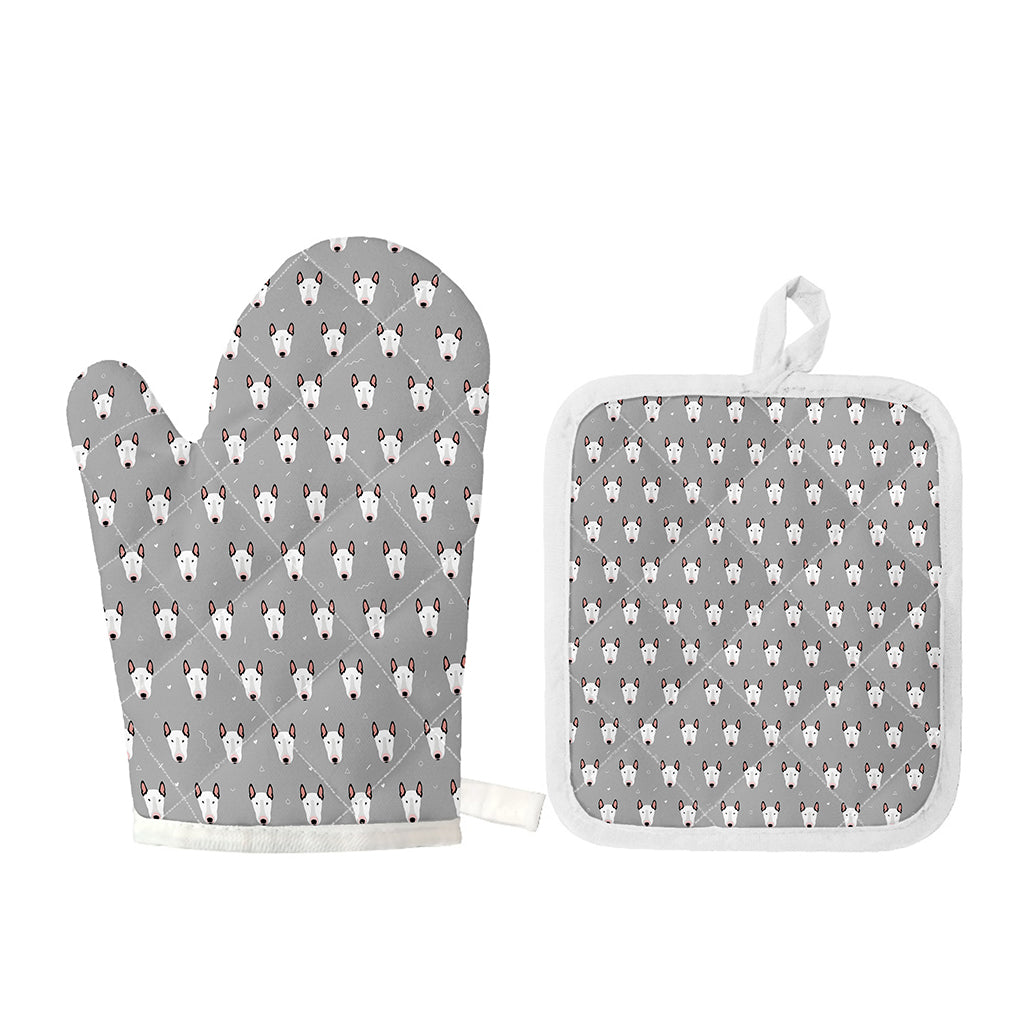 Cute Bull Terrier Faces Pattern Print Oven Mitt And Pot Holder Set