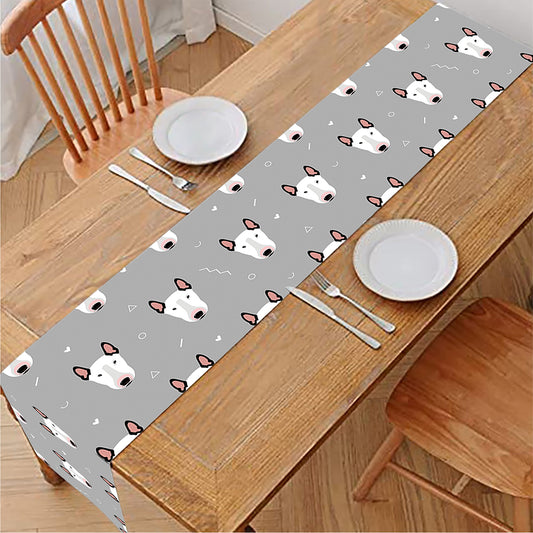 Cute Bull Terrier Faces Pattern Print Table Runner