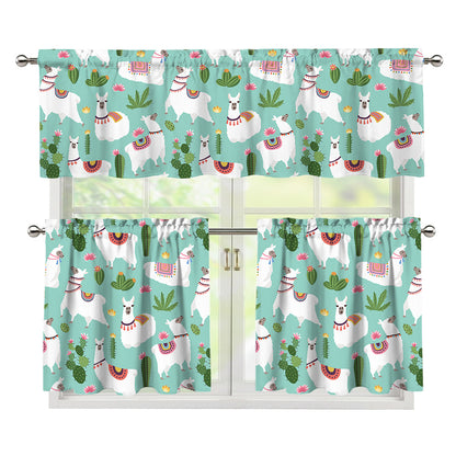 Cute Cactus And Llama Pattern Print 3 Piece Kitchen Curtains