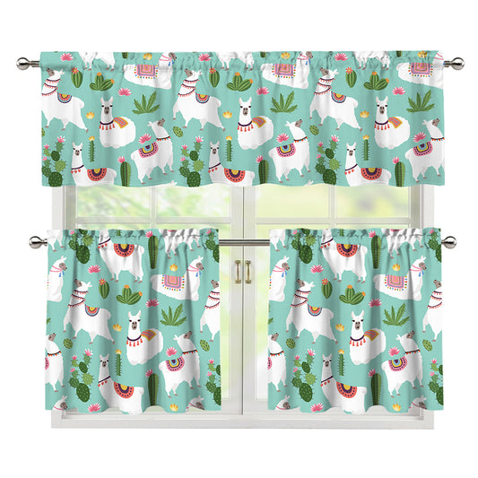 Cute Cactus And Llama Pattern Print 3 Piece Kitchen Curtains