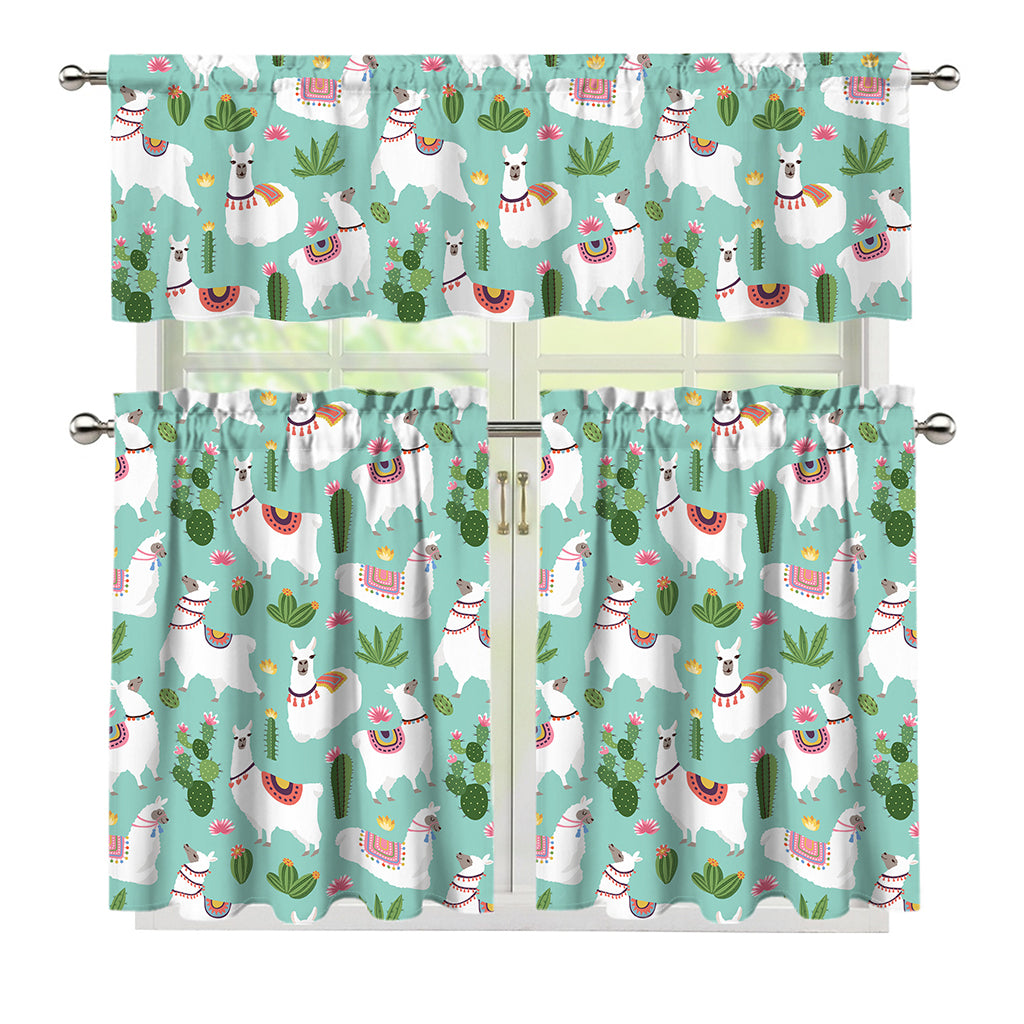 Cute Cactus And Llama Pattern Print 3 Piece Kitchen Curtains