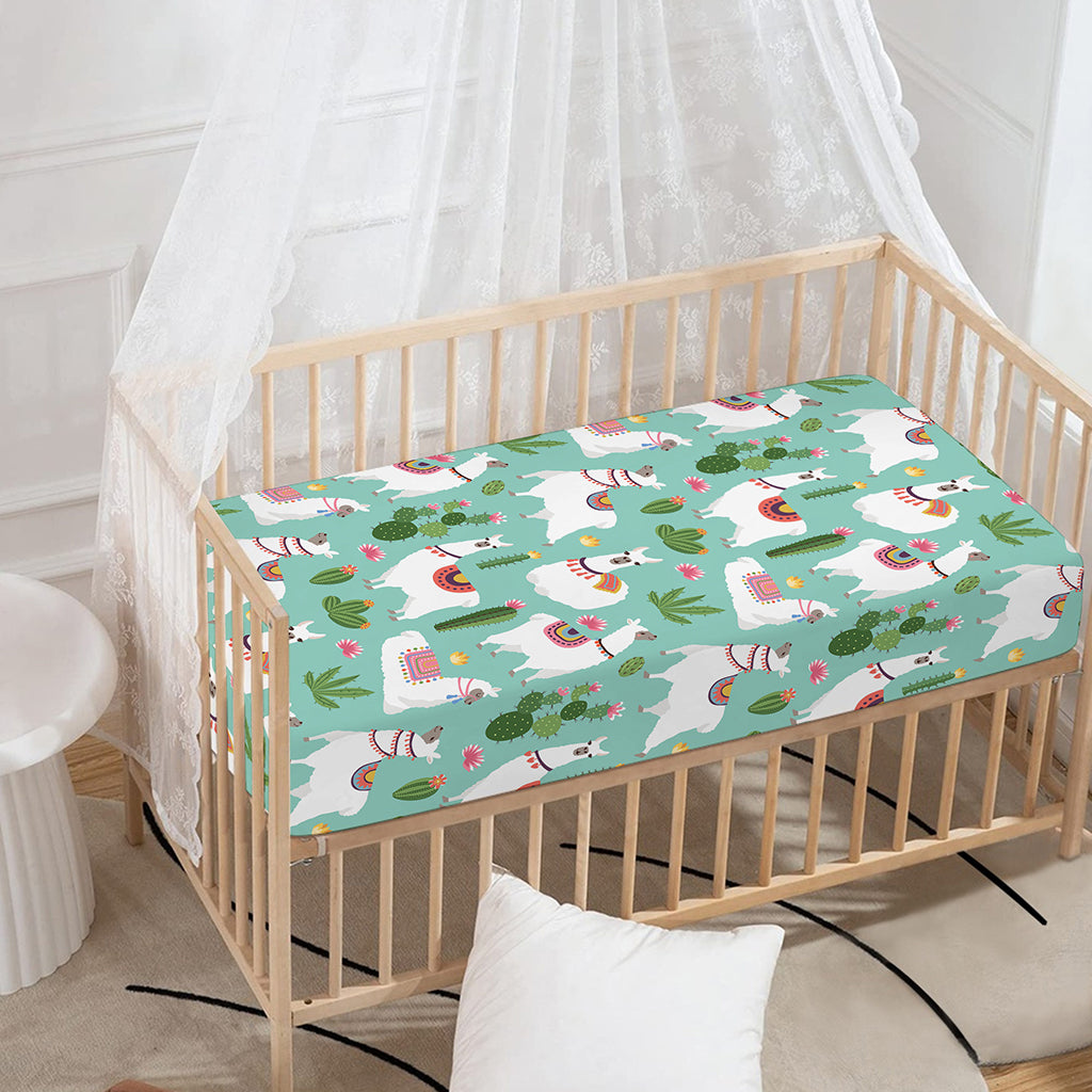 Cute Cactus And Llama Pattern Print Baby Crib Sheet