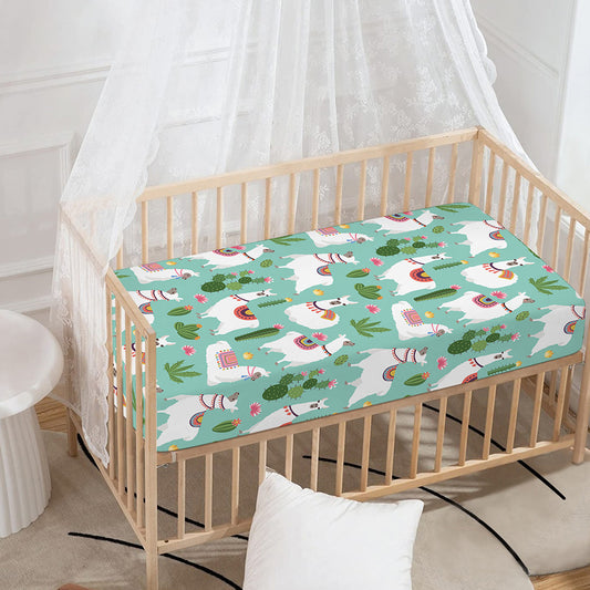 Cute Cactus And Llama Pattern Print Baby Crib Sheet