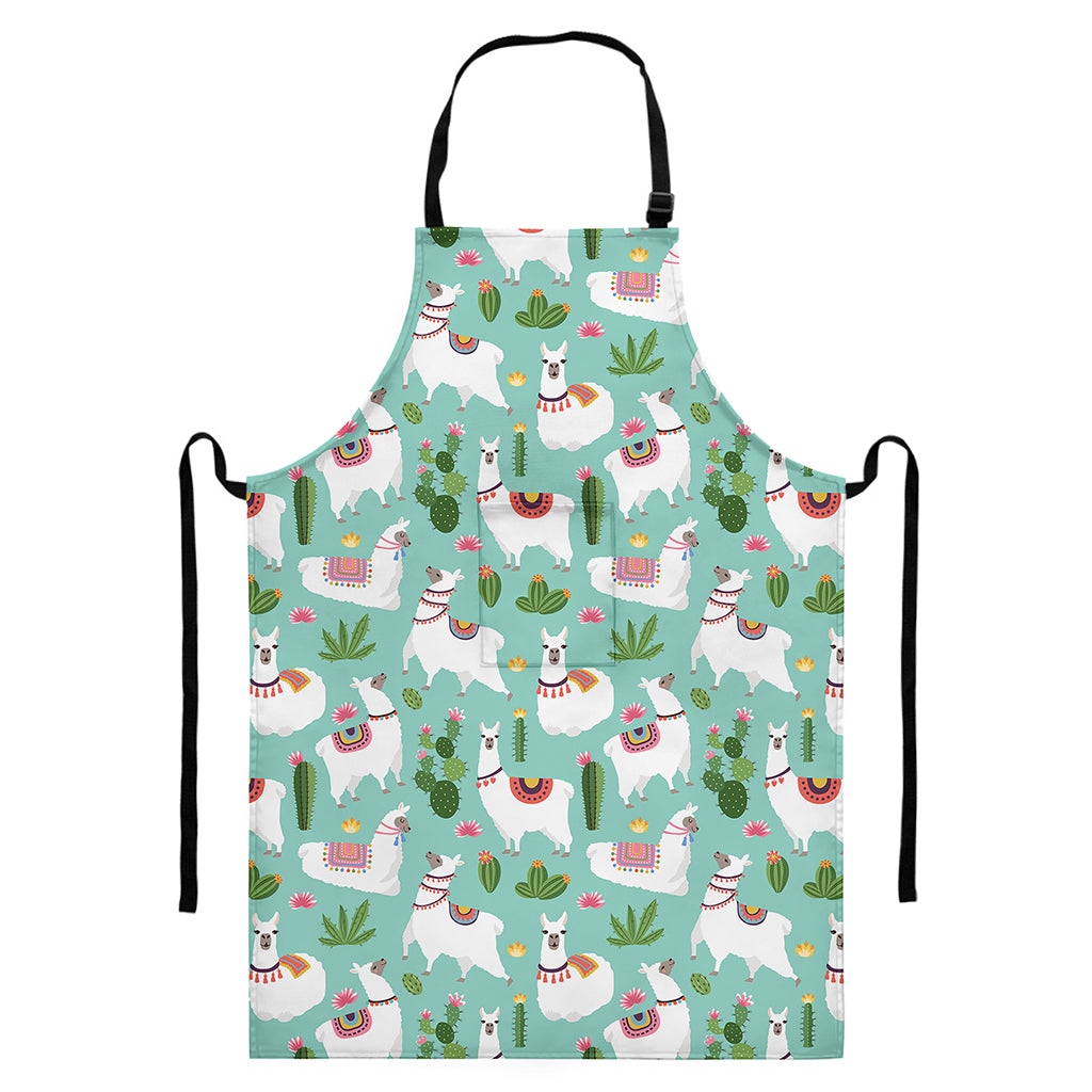 Cute Cactus And Llama Pattern Print Bib Apron With Pocket
