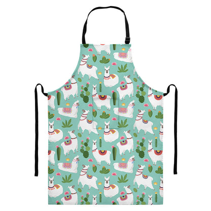 Cute Cactus And Llama Pattern Print Bib Apron With Pocket
