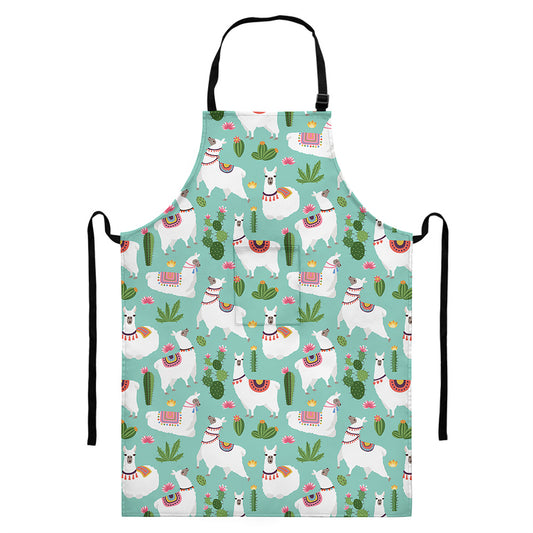 Cute Cactus And Llama Pattern Print Bib Apron With Pocket