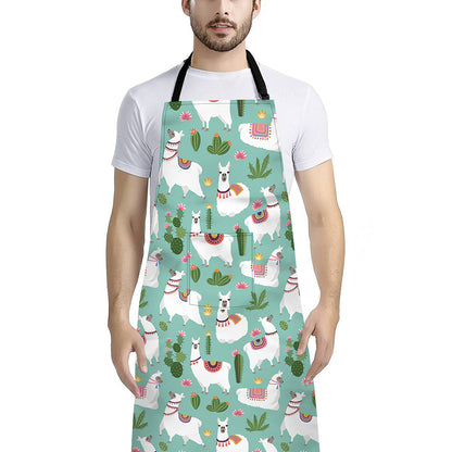 Cute Cactus And Llama Pattern Print Bib Apron With Pocket