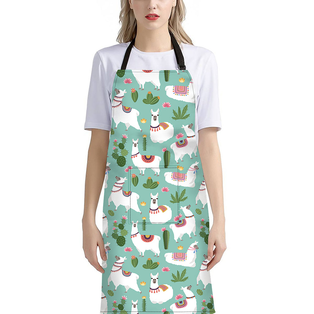 Cute Cactus And Llama Pattern Print Bib Apron With Pocket