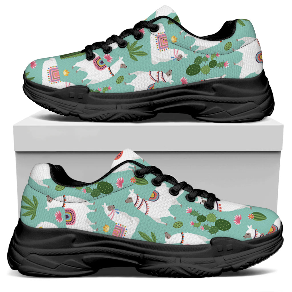 Cute Cactus And Llama Pattern Print Black Chunky Shoes