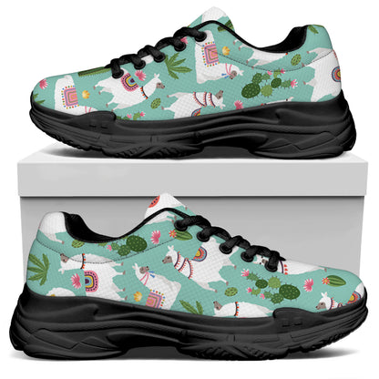 Cute Cactus And Llama Pattern Print Black Chunky Shoes