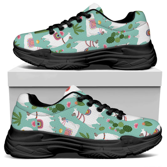 Cute Cactus And Llama Pattern Print Black Chunky Shoes