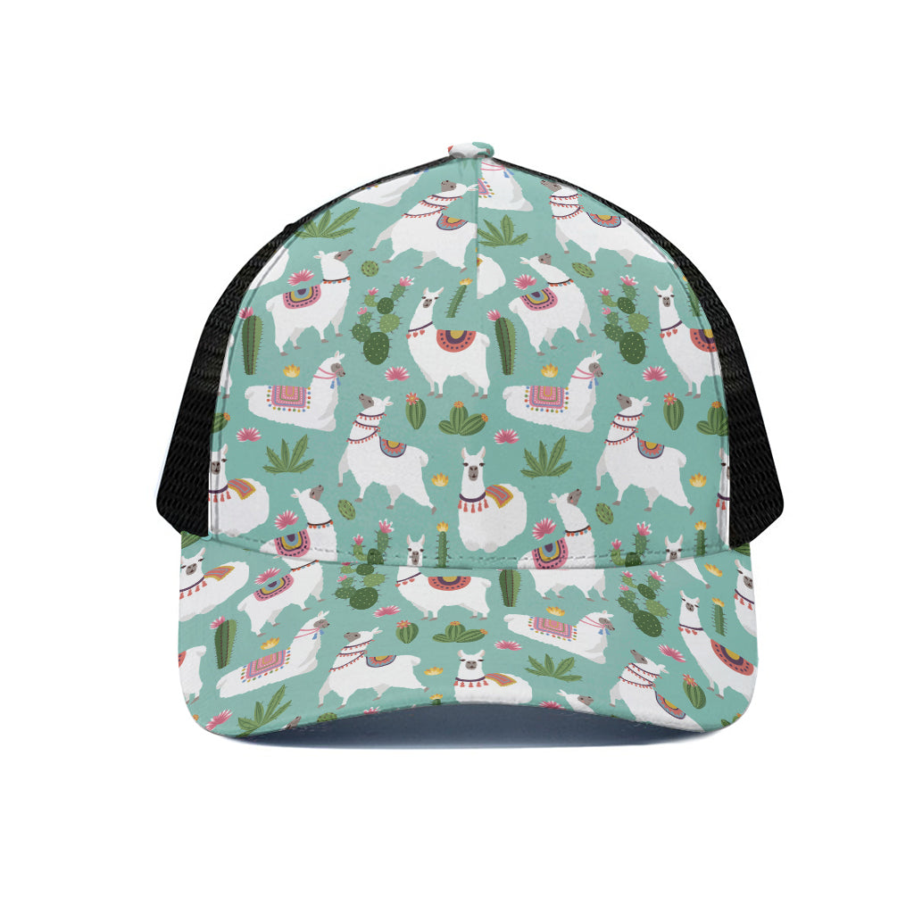Cute Cactus And Llama Pattern Print Black Mesh Trucker Cap