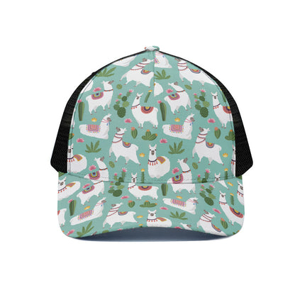Cute Cactus And Llama Pattern Print Black Mesh Trucker Cap