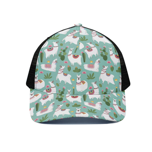 Cute Cactus And Llama Pattern Print Black Mesh Trucker Cap