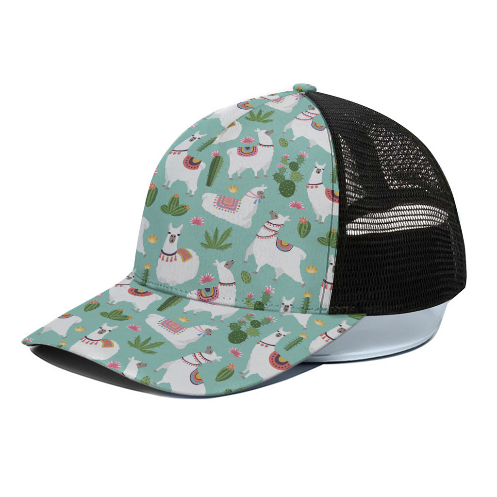 Cute Cactus And Llama Pattern Print Black Mesh Trucker Cap