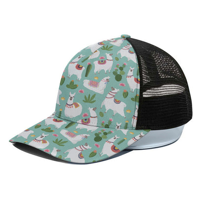 Cute Cactus And Llama Pattern Print Black Mesh Trucker Cap