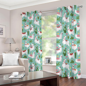 Cute Cactus And Llama Pattern Print Blackout Grommet Curtains