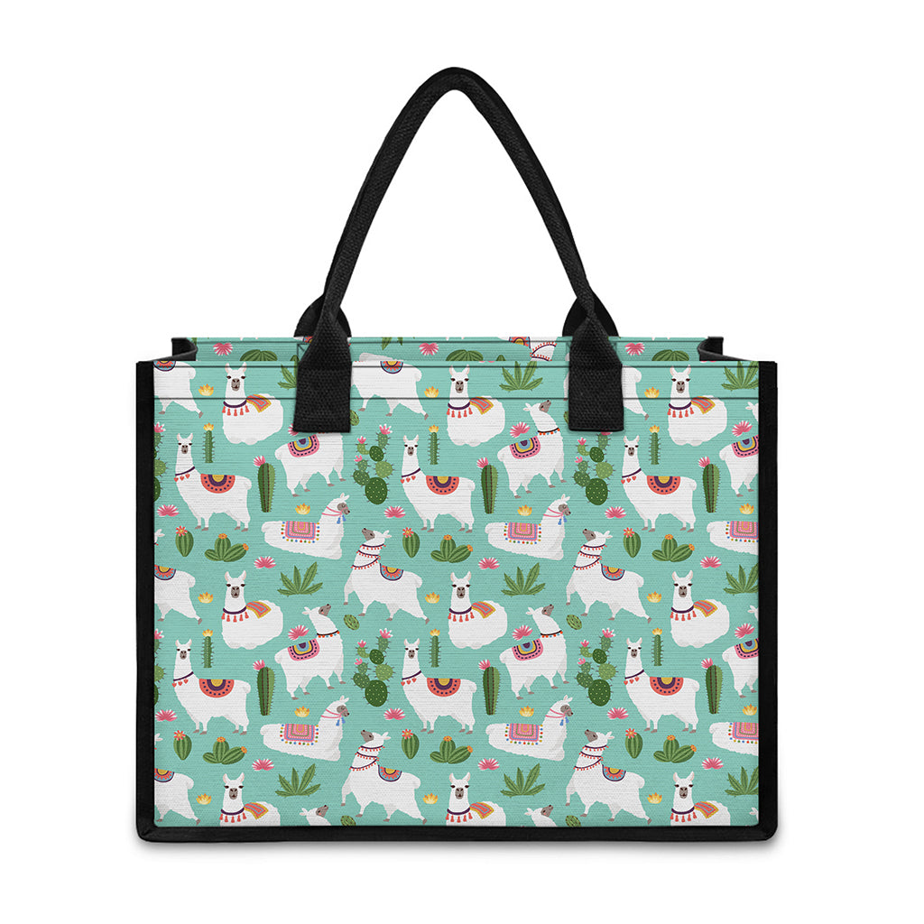 Cute Cactus And Llama Pattern Print Canvas Tote Bag