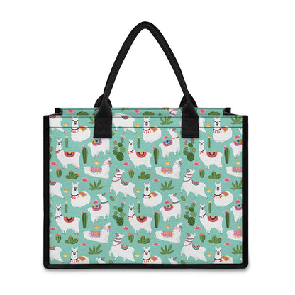 Cute Cactus And Llama Pattern Print Canvas Tote Bag